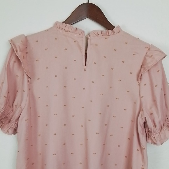 Anthropologie MINE Boho Smocked Ruffle‎ Puff Sleeve Blouse Pink Dot size L - Picture 6 of 13